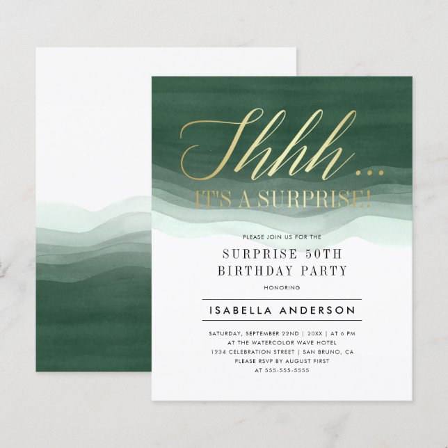 Budget Gold & Emerald Watercolor Surprise Birthday (Front/Back)