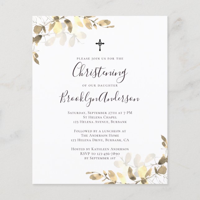 Budget Gold Eucalyptus Christening Invitation (Front)