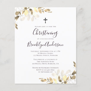 Budget Gold Eucalyptus Christening Invitation