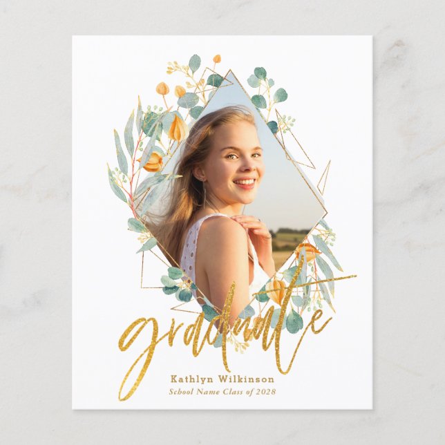 BUDGET Gold Eucalyptus Geometric Grad Invitation (Front)