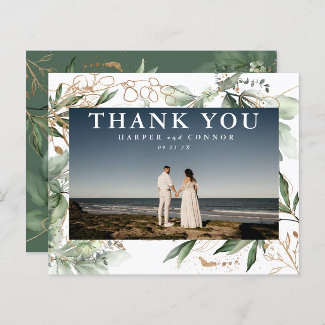 Budget Gold Eucalyptus Greenery Photo Thank You (Front/Back)