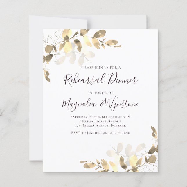 Budget Gold Eucalyptus Rehearsal Dinner Invitation (Front)