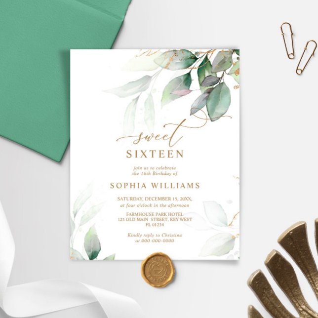 Budget Gold & Eucalyptus Sweet 16 Birthday Invite (Creator Uploaded)
