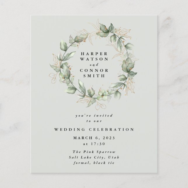 Budget Gold Eucalyptus Wreath Green Glass Wedding Flyer (Front)