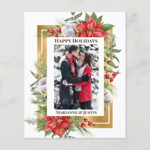 Budget Gold Floral Photo Christmas card 