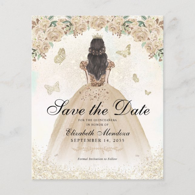 Budget Gold Floral Princess Quinceañera Save Date (Front)