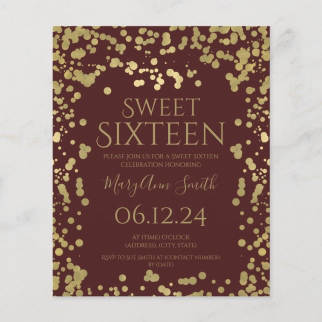 Budget Gold Foil Confetti Sweet 16 Invite Burgundy Flyer (Front)