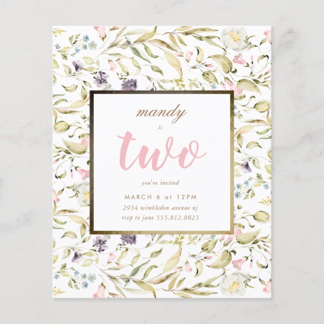 Budget Gold Frame Boho Wildflower Birthday Invite Flyer (Front)