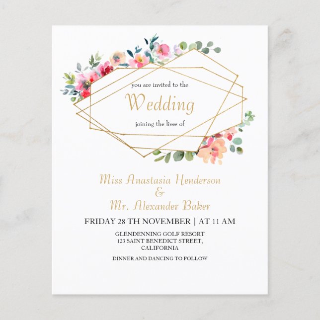Budget/Gold Frame & Floral/Wedding Invitation. Flyer (Front)