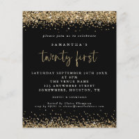 Budget Gold Glitter 21st Black Party Invitation