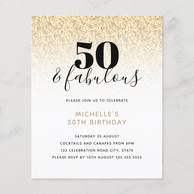 Budget Gold Glitter 50 & Fabulous Birthday Invite (Front)