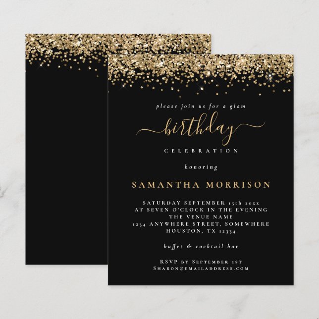 Budget Gold Glitter Any Age Birthday Black Invite (Front/Back)
