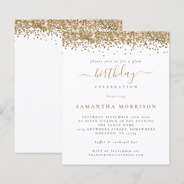 Budget Gold Glitter Any Age Birthday Party Invite (Front/Back)