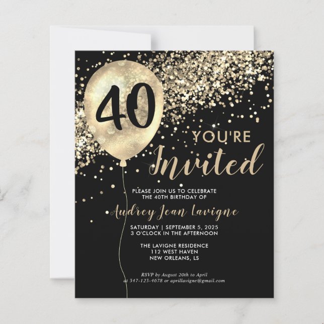 Budget Gold Glitter Balloon Black 40th Birthday (Front)