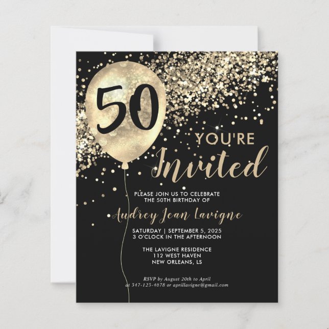 Budget Gold Glitter Balloon Black 50th Birthday (Front)