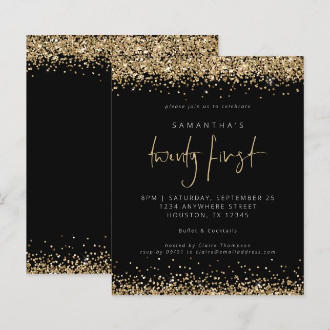 Budget Gold Glitter Black 21st Party Invitation (Front/Back)