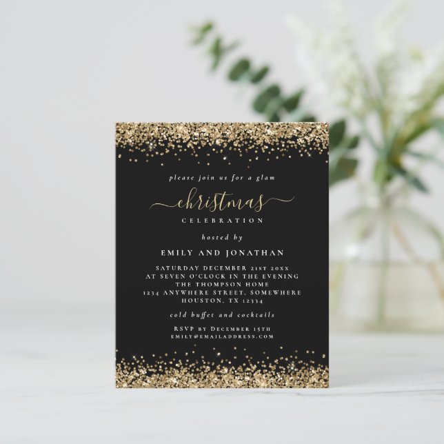 Budget Gold Glitter Black Christmas Party Invite (Standing Front)