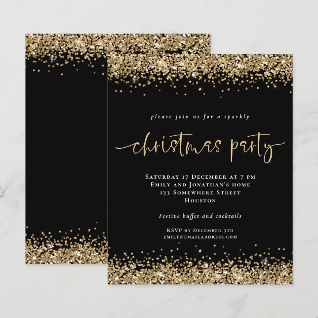 Budget Gold Glitter Black Christmas Party Invite (Front/Back)