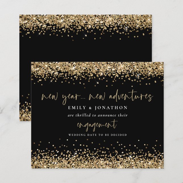 Budget Gold Glitter Black Engagement Announcement (Front/Back)