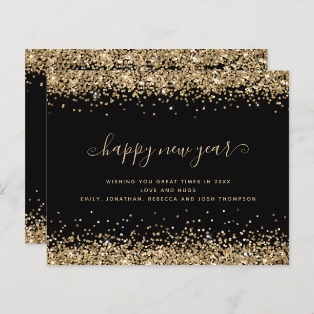 Budget Gold Glitter Black Happy New Year Card (Front/Back)