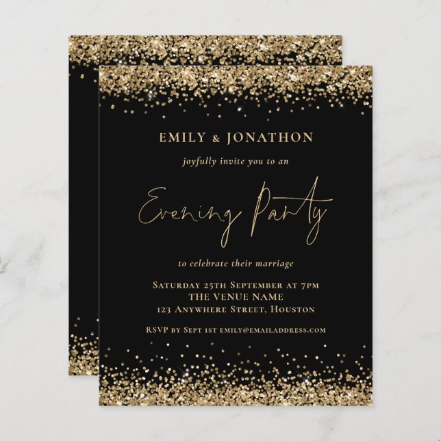 BUDGET Gold Glitter Black Wedding Evening Invite (Front/Back)