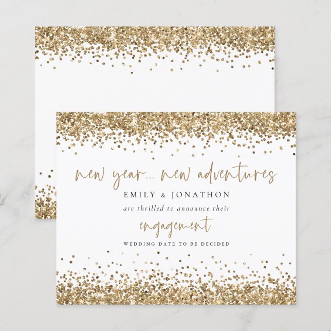 Budget Gold Glitter Border Engagement Announcement (Front/Back)