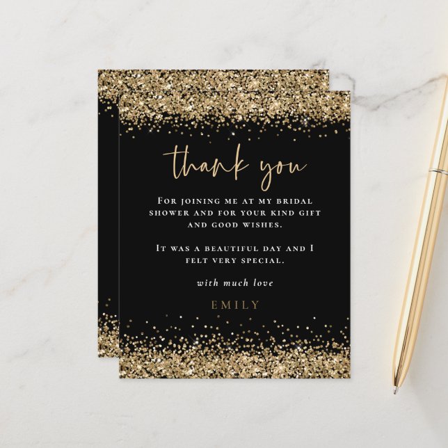 Budget Gold Glitter Bridal Shower Black Thank You (Front/Back In Situ)
