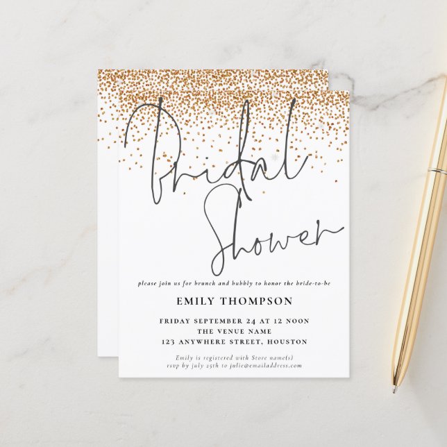 Budget Gold Glitter Bridal Shower Invitation (Front/Back In Situ)
