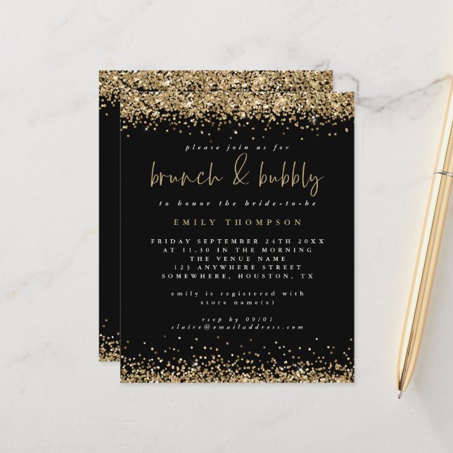 Budget Gold Glitter Brunch Bubbly Bridal Shower (Front/Back In Situ)
