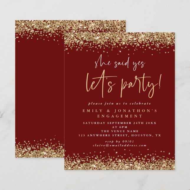 Budget Gold Glitter Burgundy Engagement Invite (Front/Back)