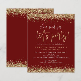Budget Gold Glitter Burgundy Engagement Invite