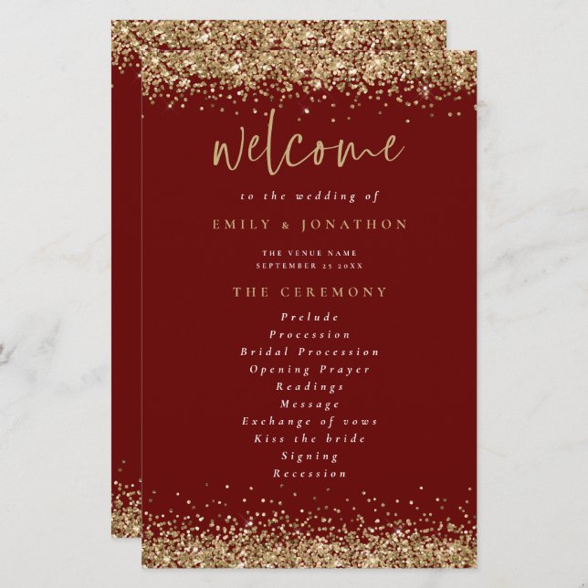Budget Gold Glitter Burgundy Wedding Program (Front/Back)