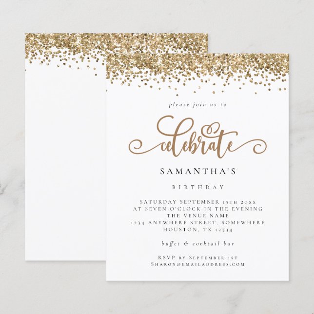 Budget Gold Glitter Celebrate Birthday Invite (Front/Back)
