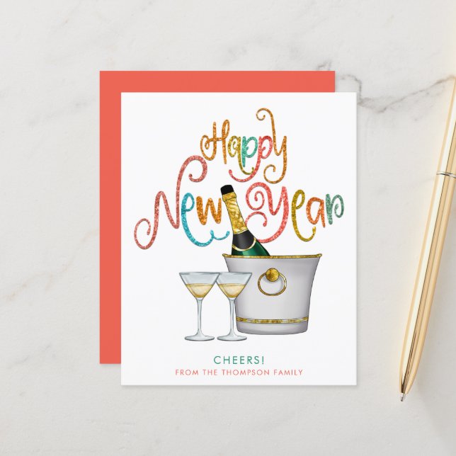 BUDGET Gold Glitter Champagne Happy New Year (Front/Back In Situ)