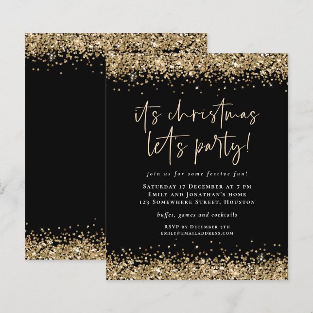 Budget Gold Glitter Christmas Lets Party Black (Front/Back)
