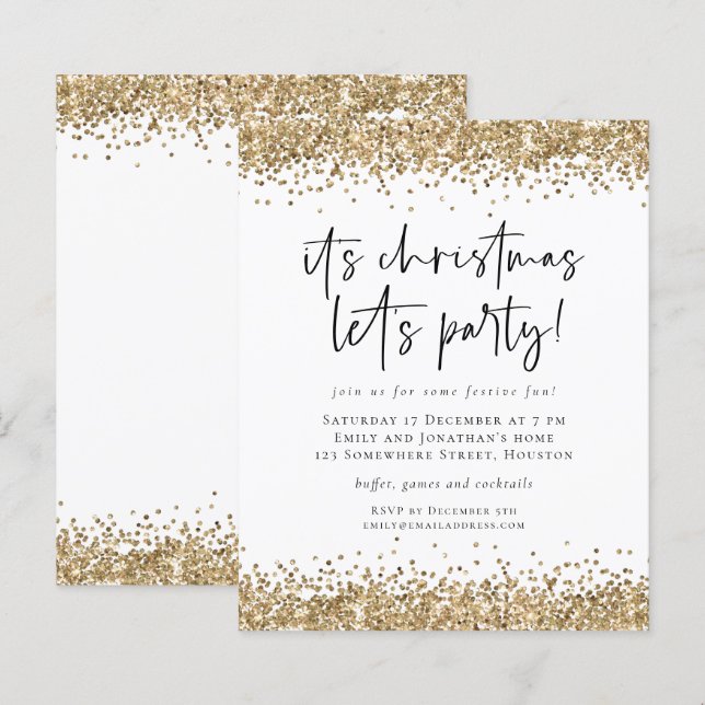 Budget Gold Glitter Christmas Lets Party Invite (Front/Back)