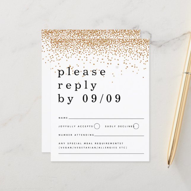Budget Gold Glitter Confetti Script Wedding RSVP (Front/Back In Situ)