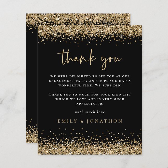Budget Gold Glitter Engagement Black Thank You (Front/Back)