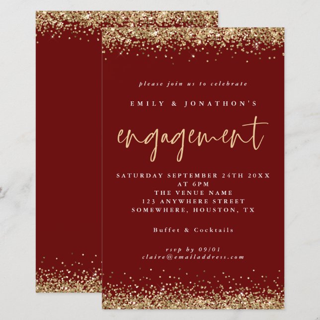 Budget Gold Glitter Engagement Burgundy Invitation (Front/Back)