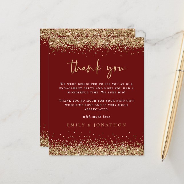 Budget Gold Glitter Engagement Burgundy Thank You (Front/Back In Situ)