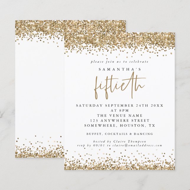 Budget Gold Glitter Fiftieth Party Invitation (Front/Back)