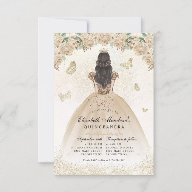 Budget Gold Glitter Floral Princess Quinceañera Card (Front)