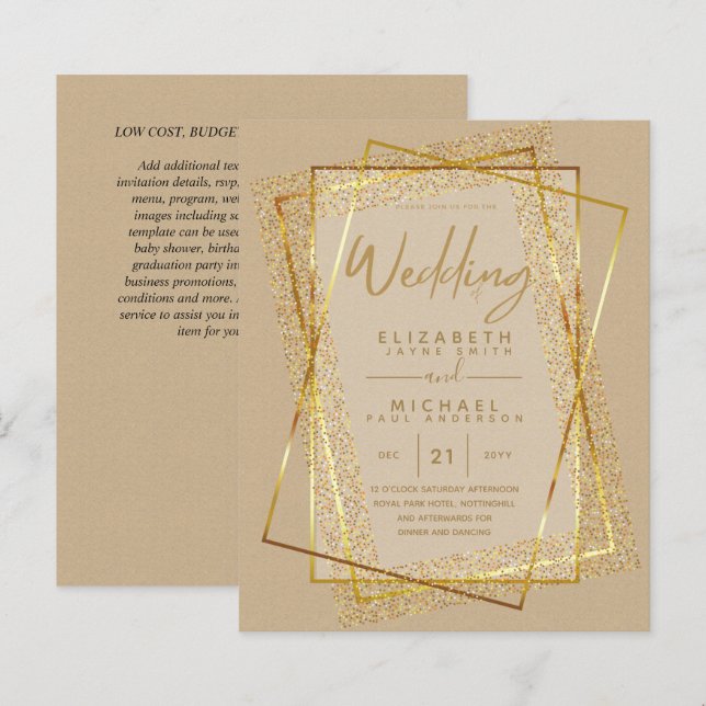 BUDGET GOLD Glitter Foil Look WEDDING INVITATIONS (Front/Back)