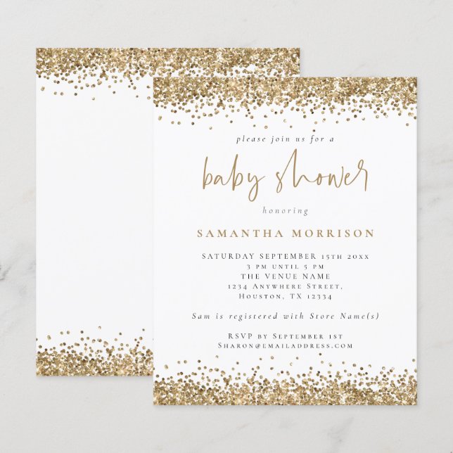 Budget Gold Glitter Girl Boy Baby Shower Invite (Front/Back)