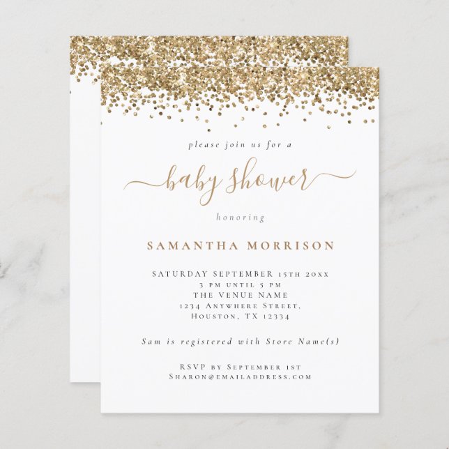 Budget Gold Glitter Girl or Boy Baby Shower Invite (Front/Back)