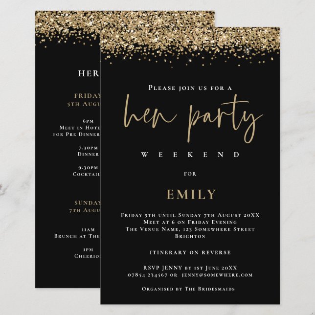 Budget Gold Glitter Hen Party Weekend Black Invite (Front/Back)