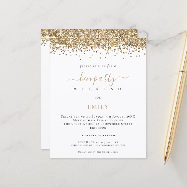 Budget Gold Glitter Hen Weekend Itinerary Invite (Front/Back In Situ)