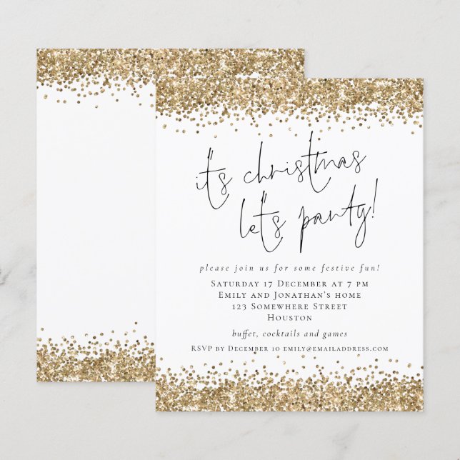 Budget Gold Glitter Its Christmas Lets Party Invit (Front/Back)