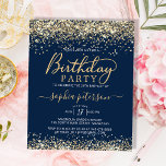 Budget Gold Glitter Navy Blue Birthday Invitation<br><div class="desc">Budget Modern Stylish Gold Sparkle Glitter and Navy Blue Birthday Invitation. This cheap elegant any age feminine girly adult birthday invitation template featuring a trendy hand lettered swash tail font calligraphy with gold glitter borders on dusty Navy Blue background. Perfect for any age (16th, 18th, 21st, 30th, 40th, 50th, 60th...</div>