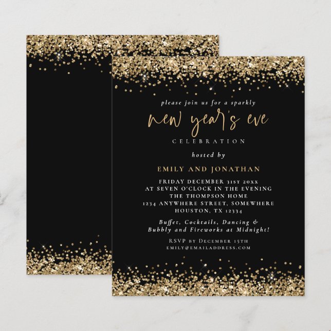 Budget Gold Glitter New Years Eve Black Invite (Front/Back)